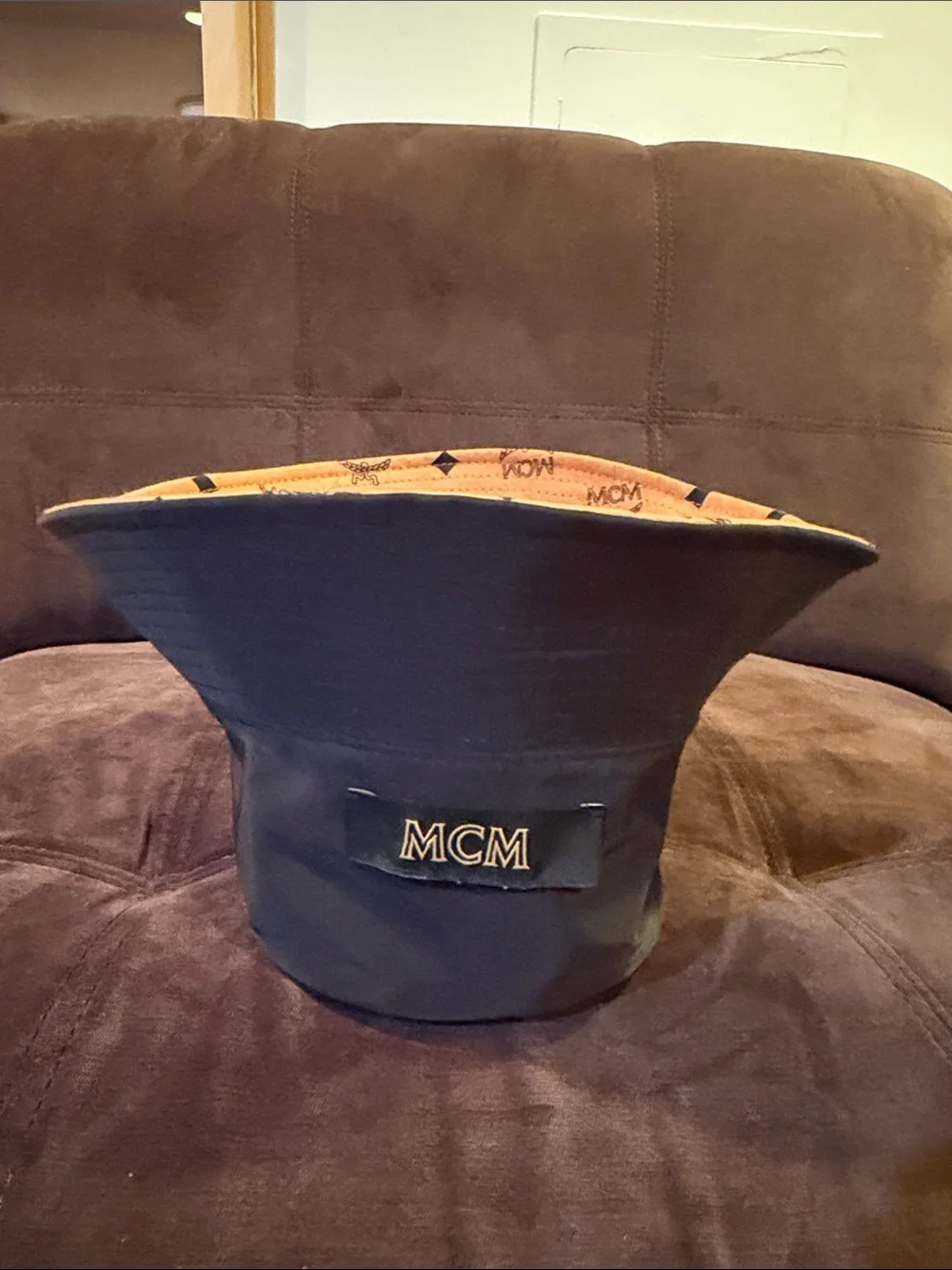 MCM Kids Tan Bucket Hat with Black Logo Print